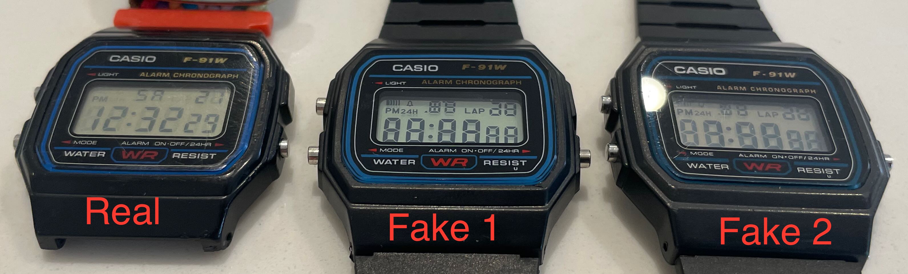 Real vs fake F91-W - showing the different viewing angles