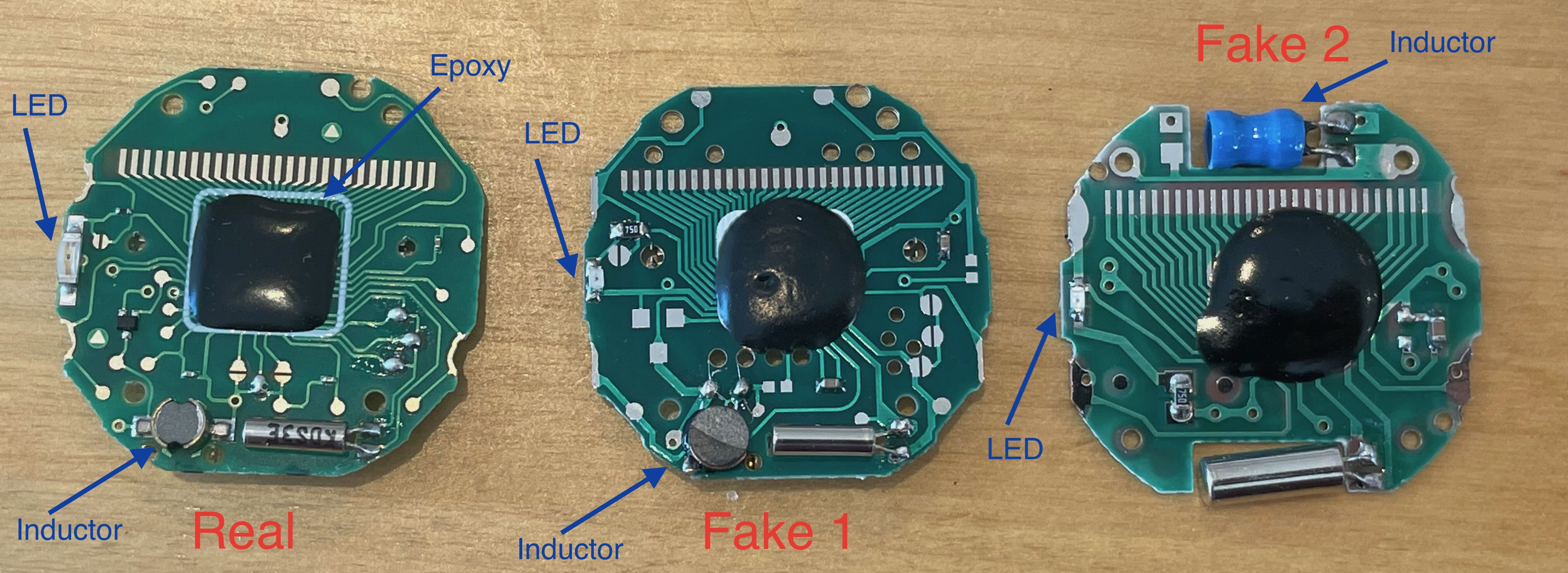 The front of real and fake F91-W PCBs